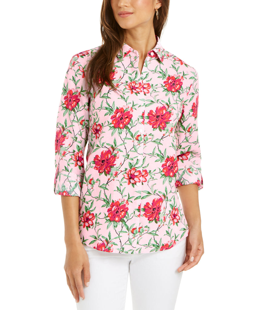 Charter Club Women Linen Blend Printed Tab Sleeve Shirt Preppy Pink