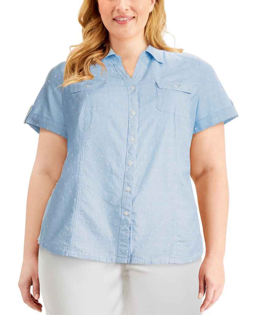 Karen Scott Women Plus Cotton Clip Dot Button Front Shirt Blue Chambray