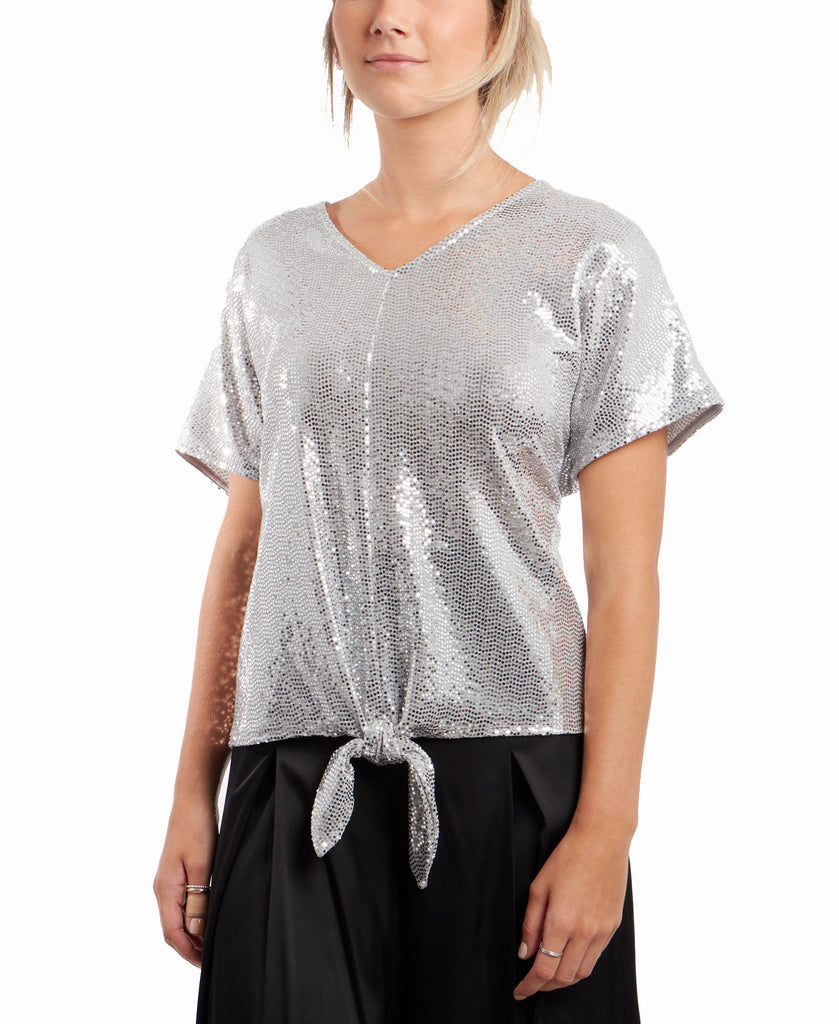 MSK Women Allover Sequin Tie Front Top SIlver