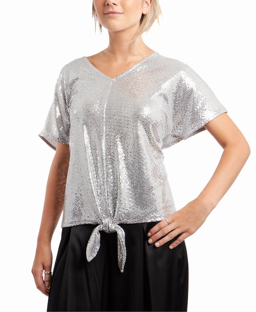 MSK Women Allover Sequin Tie Front Top