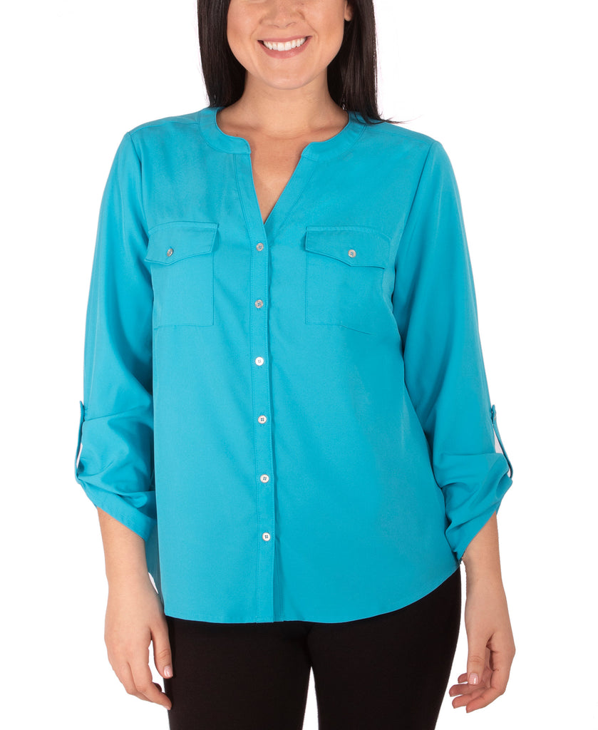 NY Collection Women Petite Roll Sleeve Blouse Blue