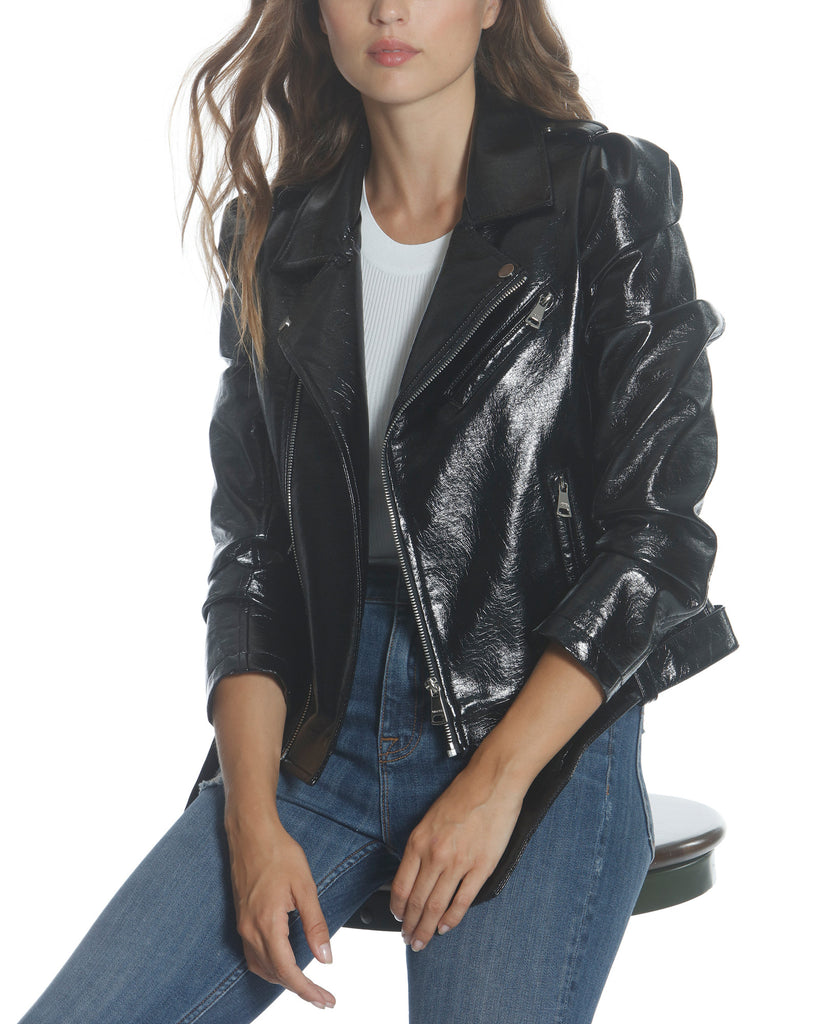 Vigoss Women Patent Faux Leather Moto Jacket