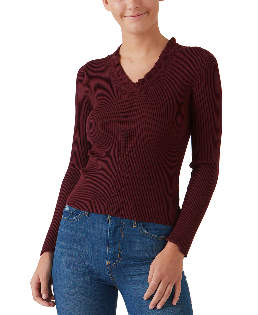 Hooked Up by IOT Women Ruffled V Neck Sweater Wine