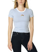 Polly & Esther Women Embroidery Trim Lettuce Edge T Shirt Denim White