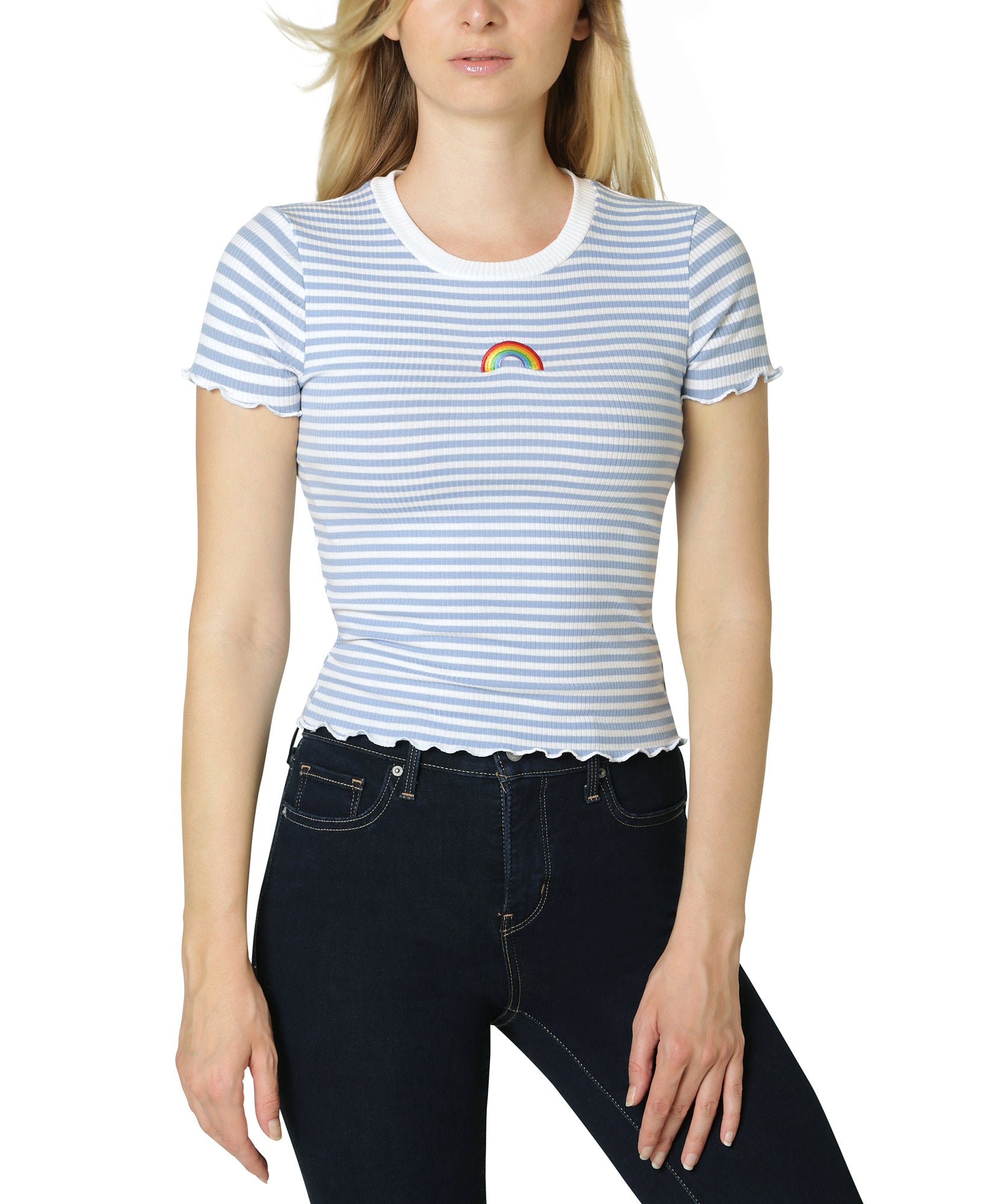 Polly & Esther Women Embroidery Trim Lettuce Edge T Shirt Denim White