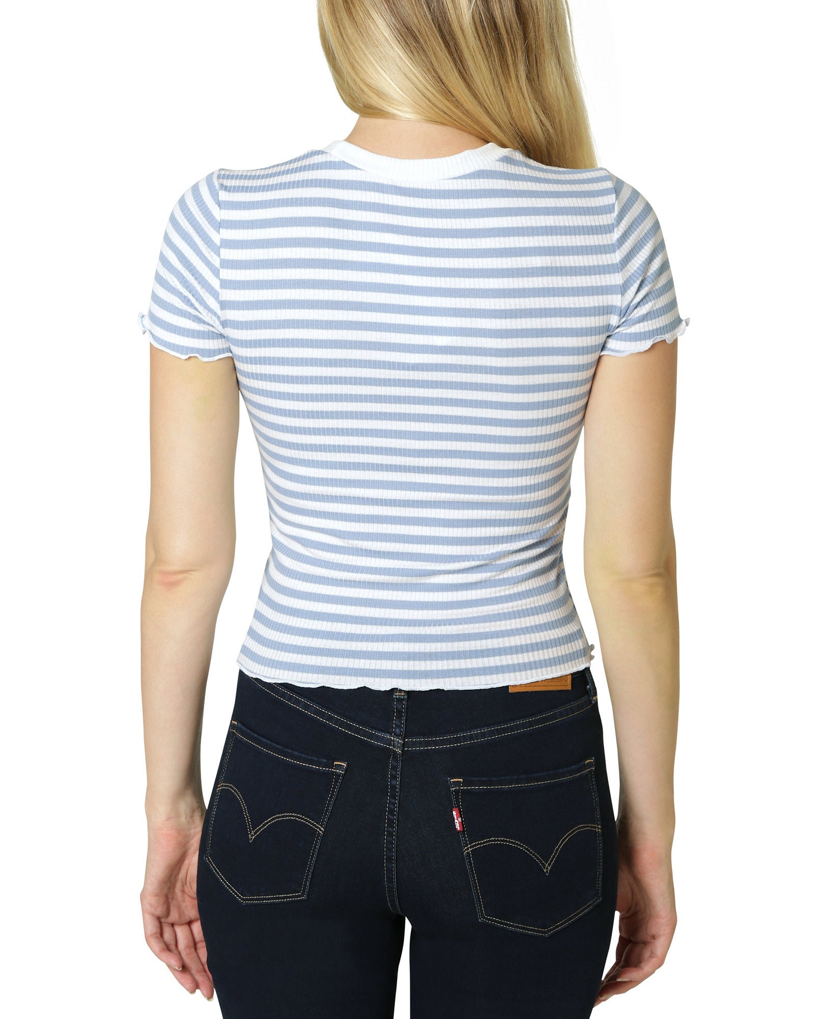 Polly & Esther Women Embroidery Trim Lettuce Edge T Shirt