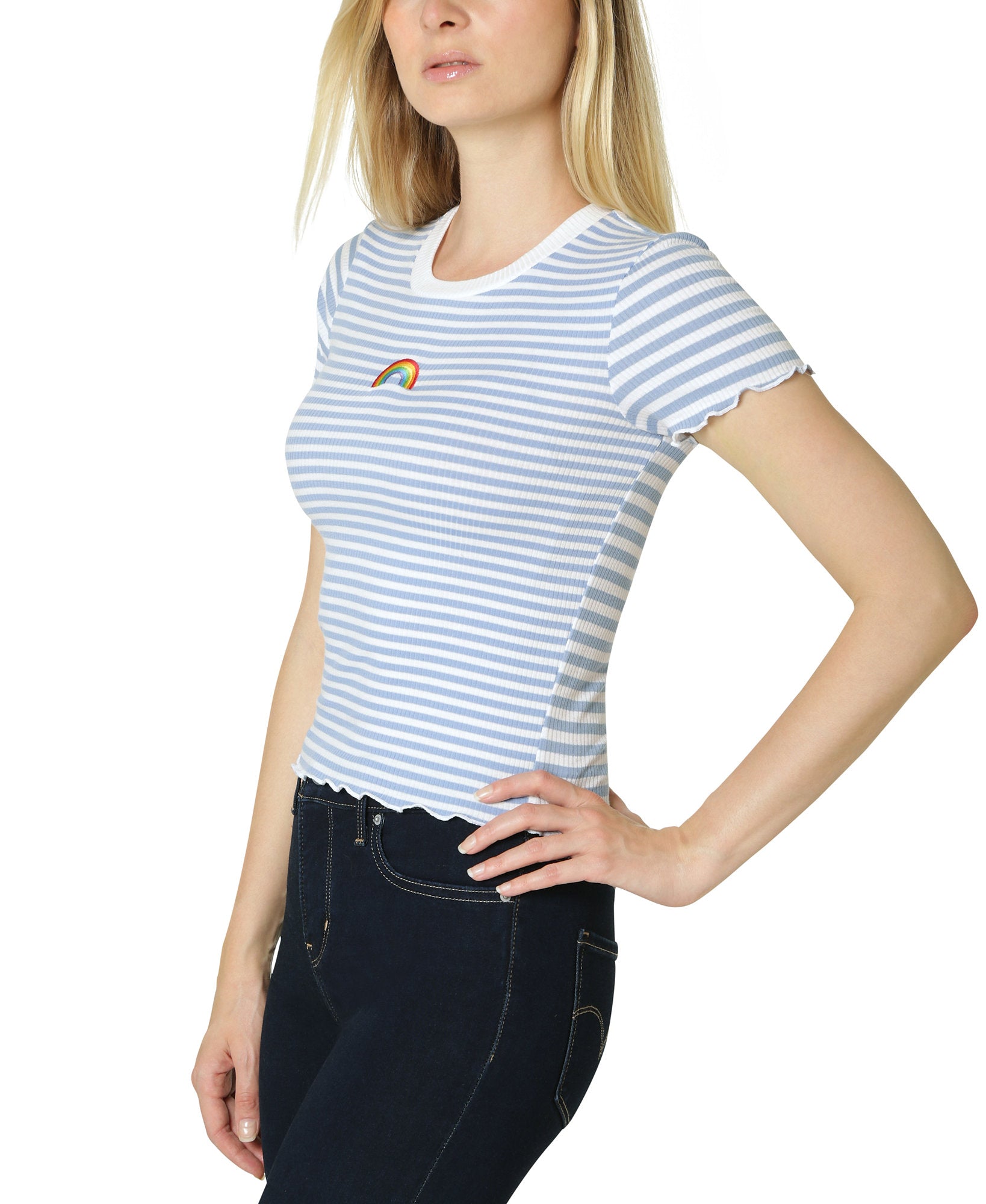 Polly & Esther Women Embroidery Trim Lettuce Edge T Shirt