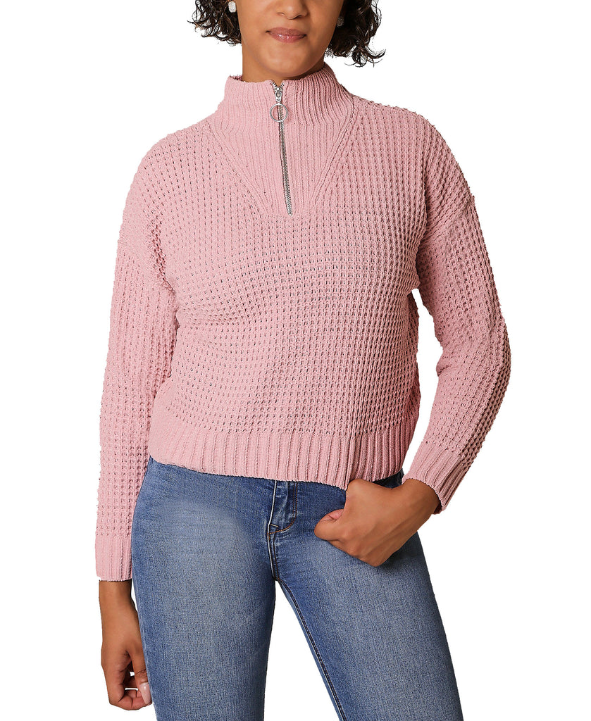 Ultra Flirt Women Chenille Zip Neck Sweater Blush