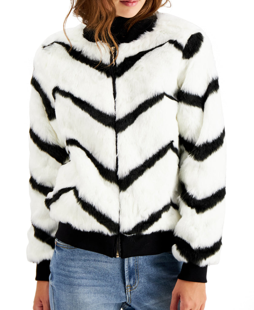 Say What Juniors Chevron Printed Faux Fur Bomber Jacket