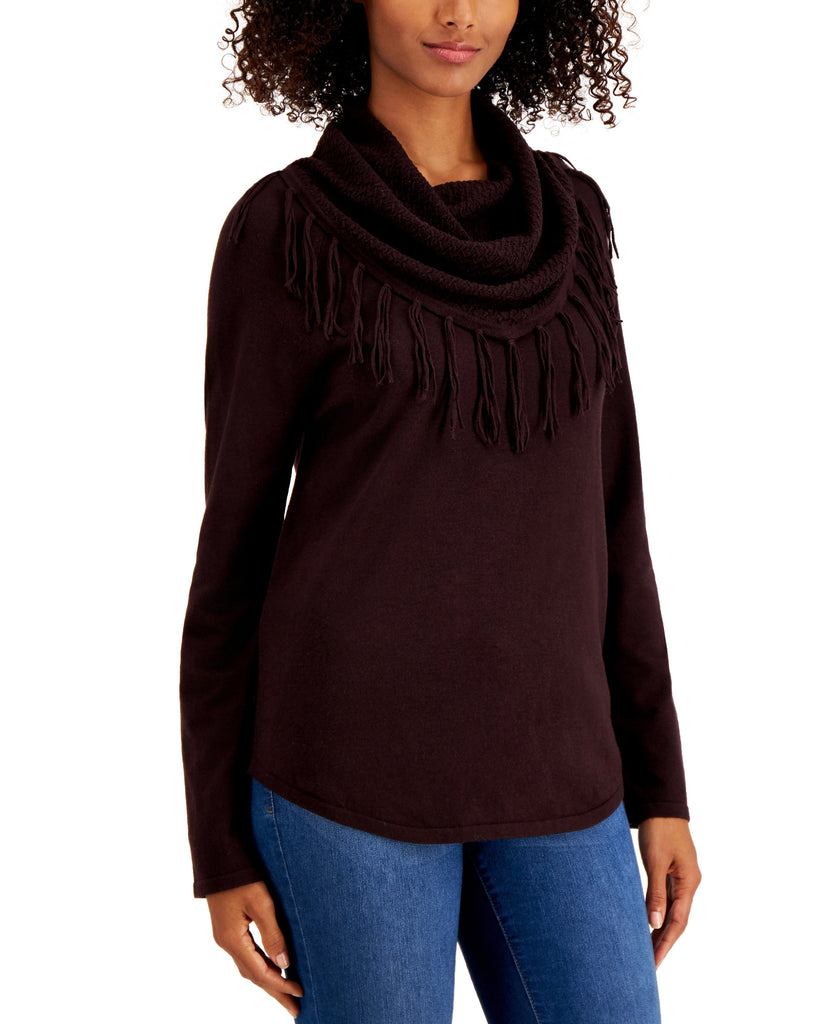 Style & Co Women Fringe Cowl Neck Sweater Dark Chocolate