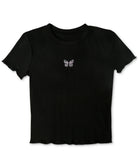 Polly & Esther Women Embroidery Trim Lettuce Edge T Shirt Black