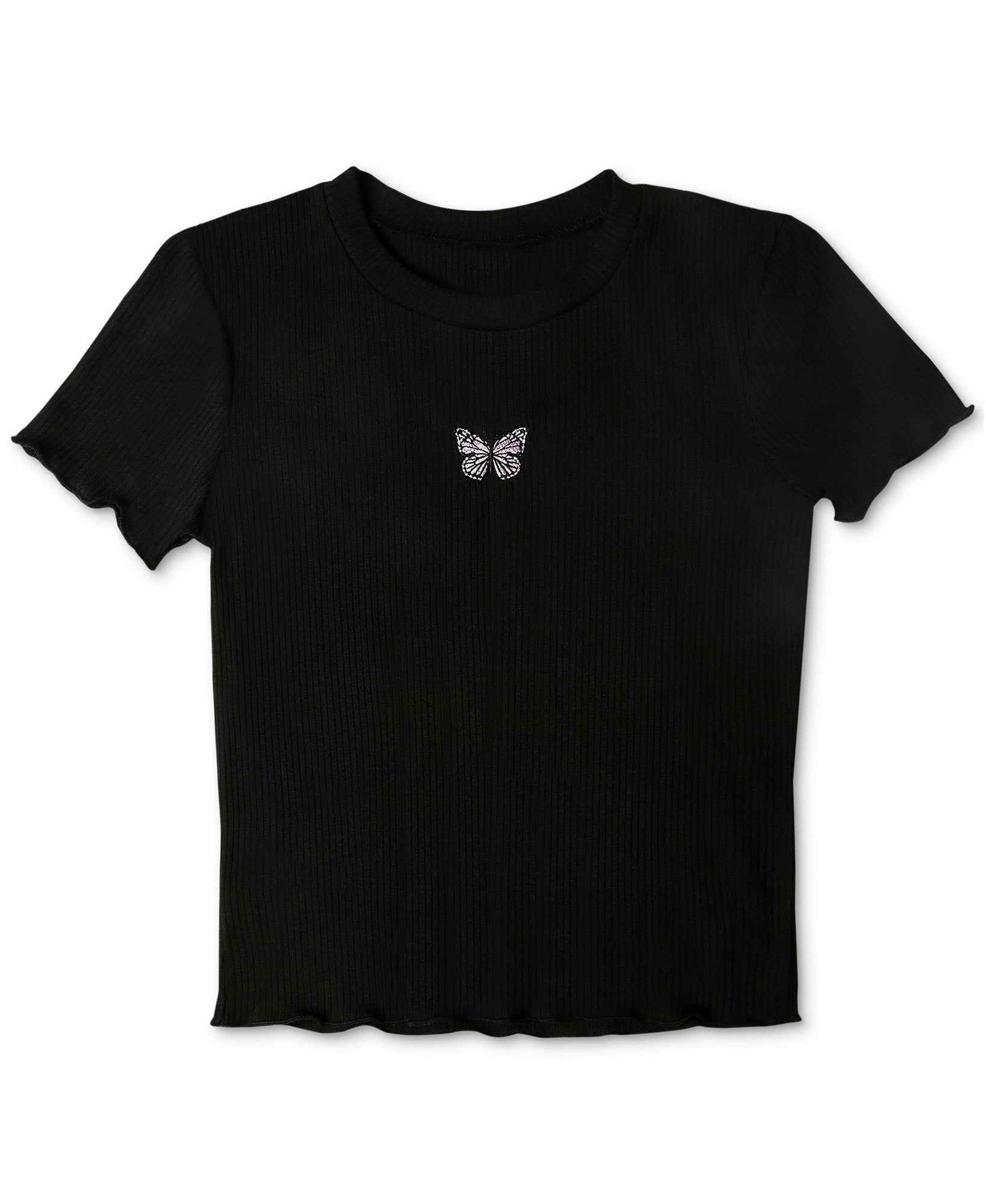 Polly & Esther Women Embroidery Trim Lettuce Edge T Shirt Black