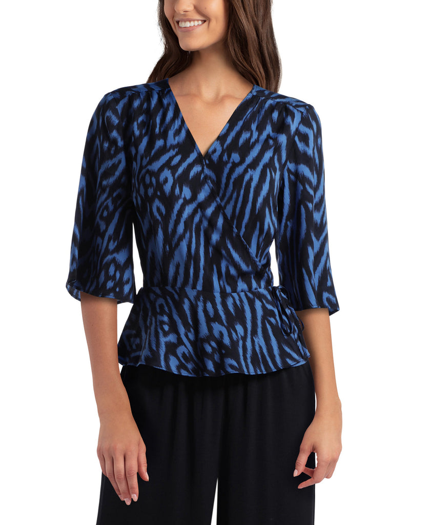 Gigi Parker Women Wrap Top Zebra Ikat Bright Cobalt