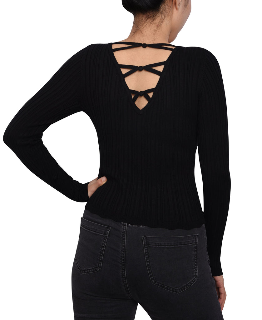 Planet Gold Women Rib Knit Strappy Back Sweater