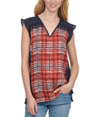 DKNY Women Printed Lace Trim Top Navy Multi