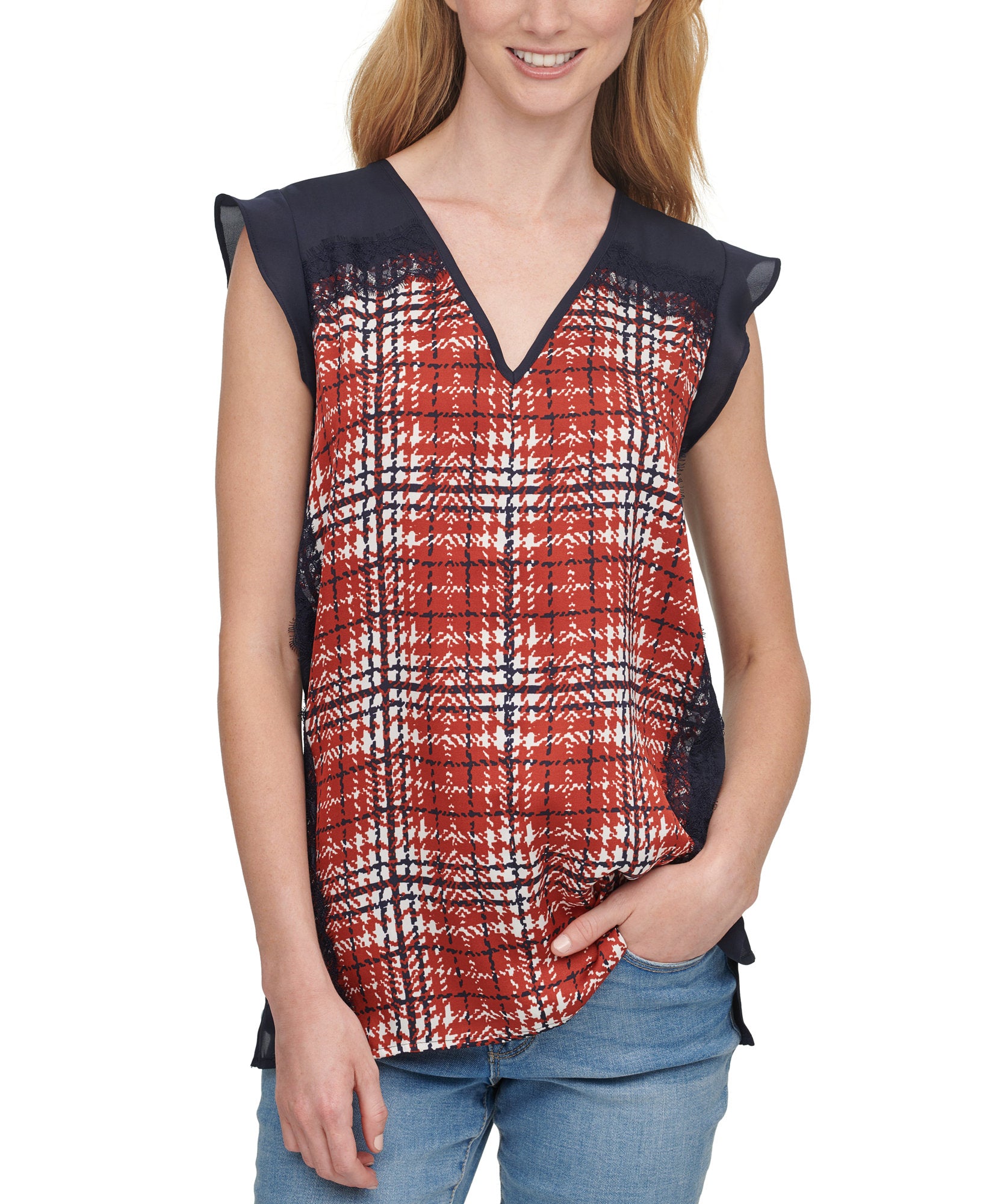 DKNY Women Printed Lace Trim Top Navy Multi