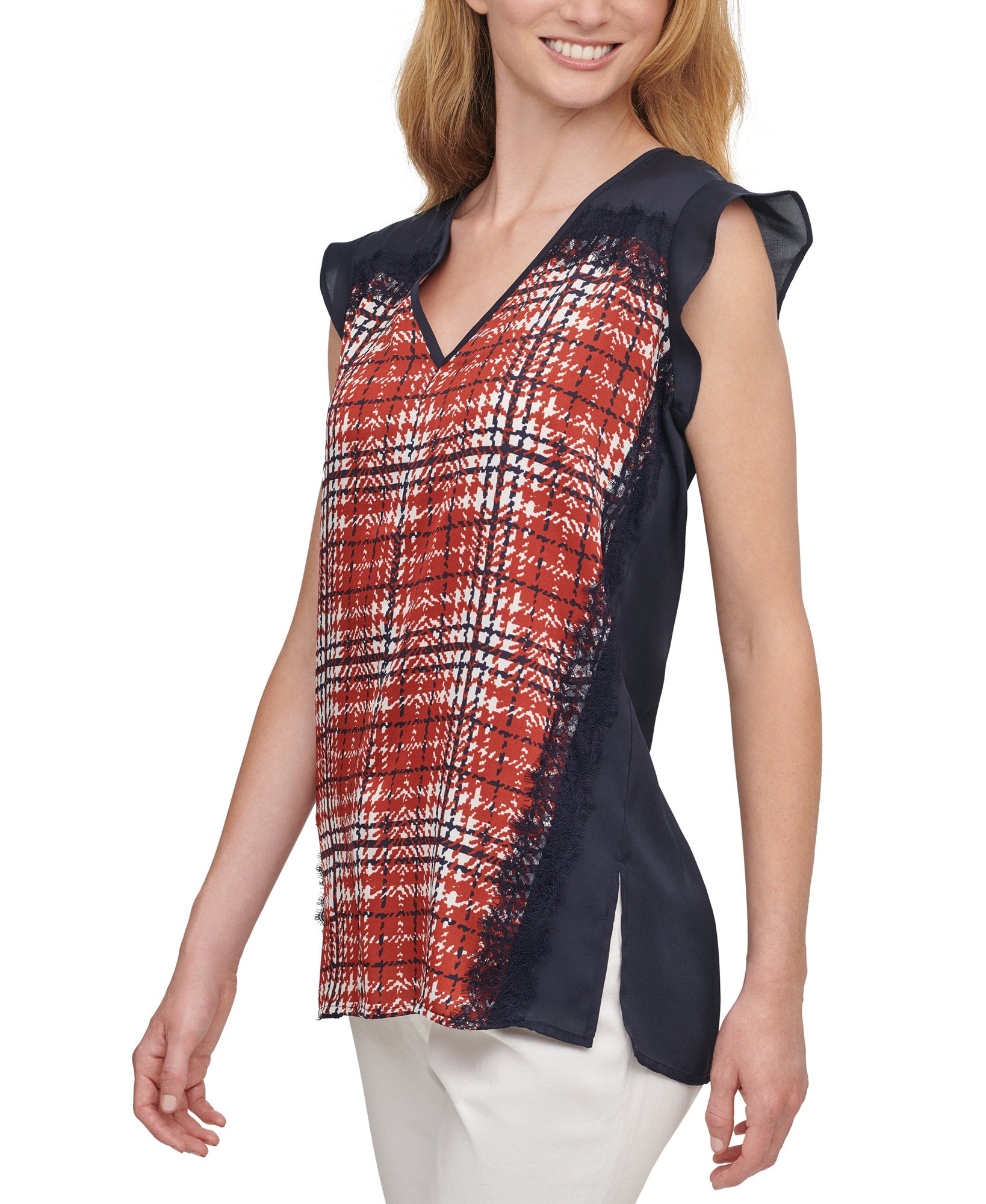 DKNY Women Printed Lace Trim Top