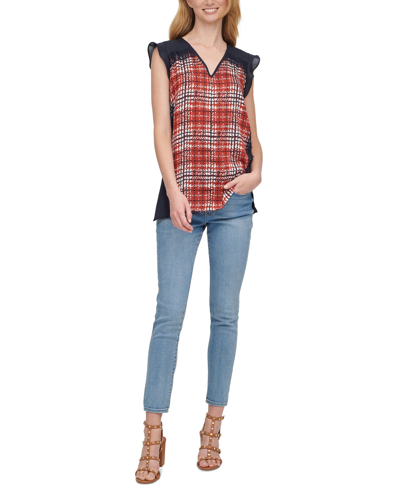 DKNY Women Printed Lace Trim Top