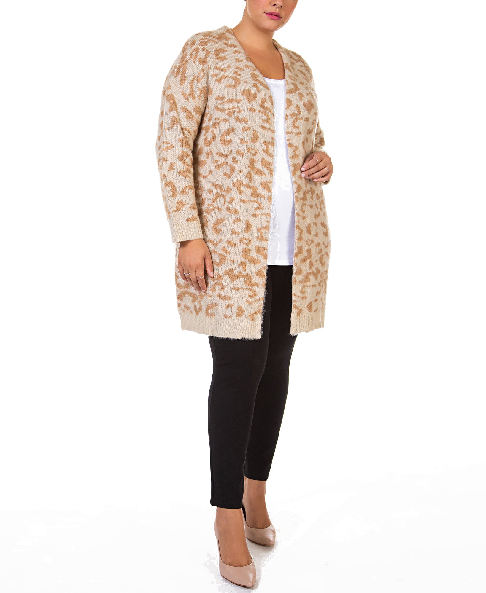 Black Tape Women Plus Printed Open Front Cardigan Sweater Beige Tonal Leopard