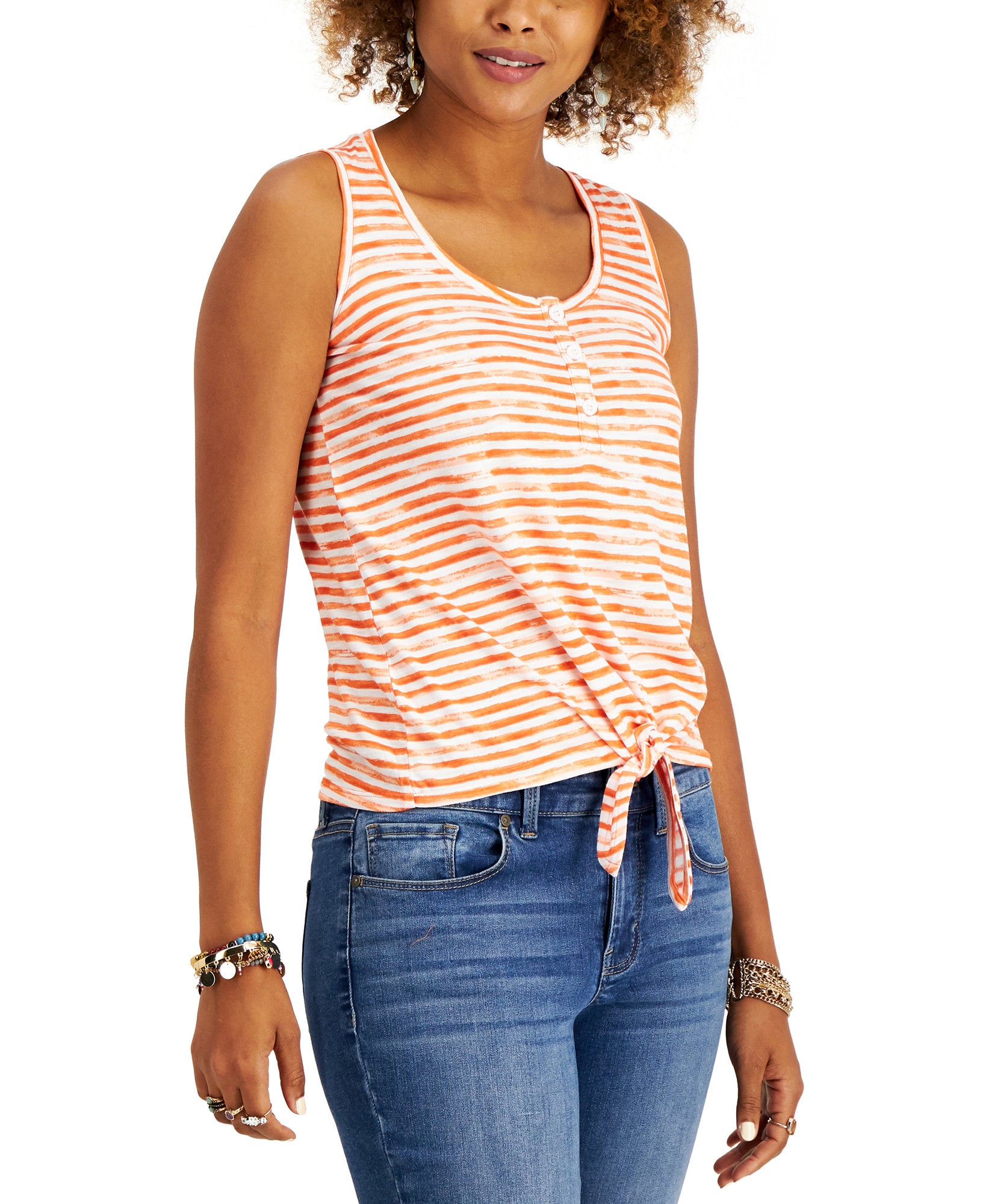Style & Co Women Petite Printed Henley Top Soft Coral