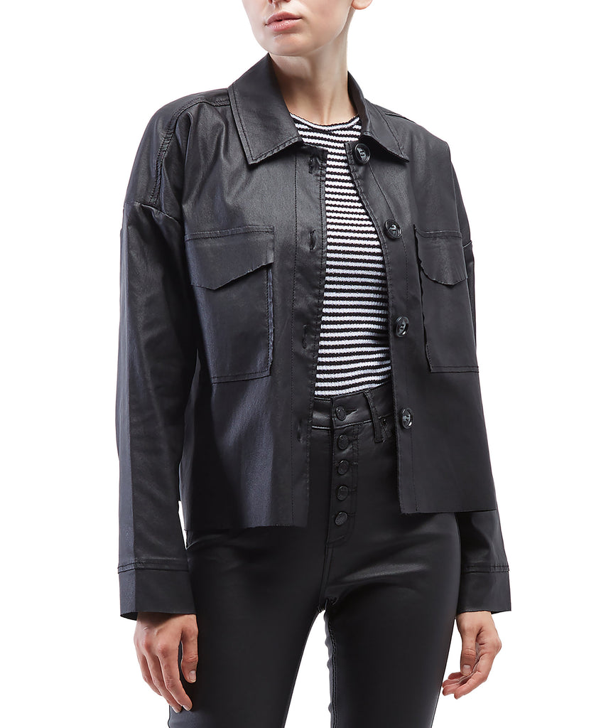 OAT Women Coated Faux Leather Shirt Jacket Coated Black