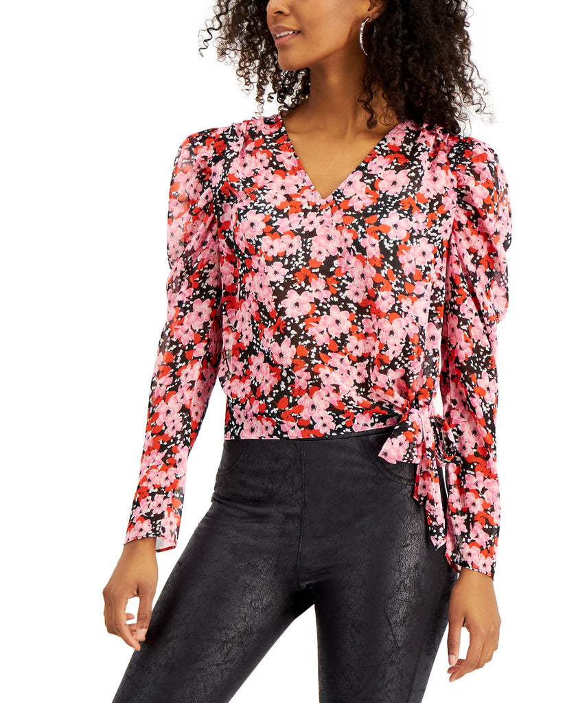 Bar III Women Floral Print Tie Hem Top Wild Floral Red