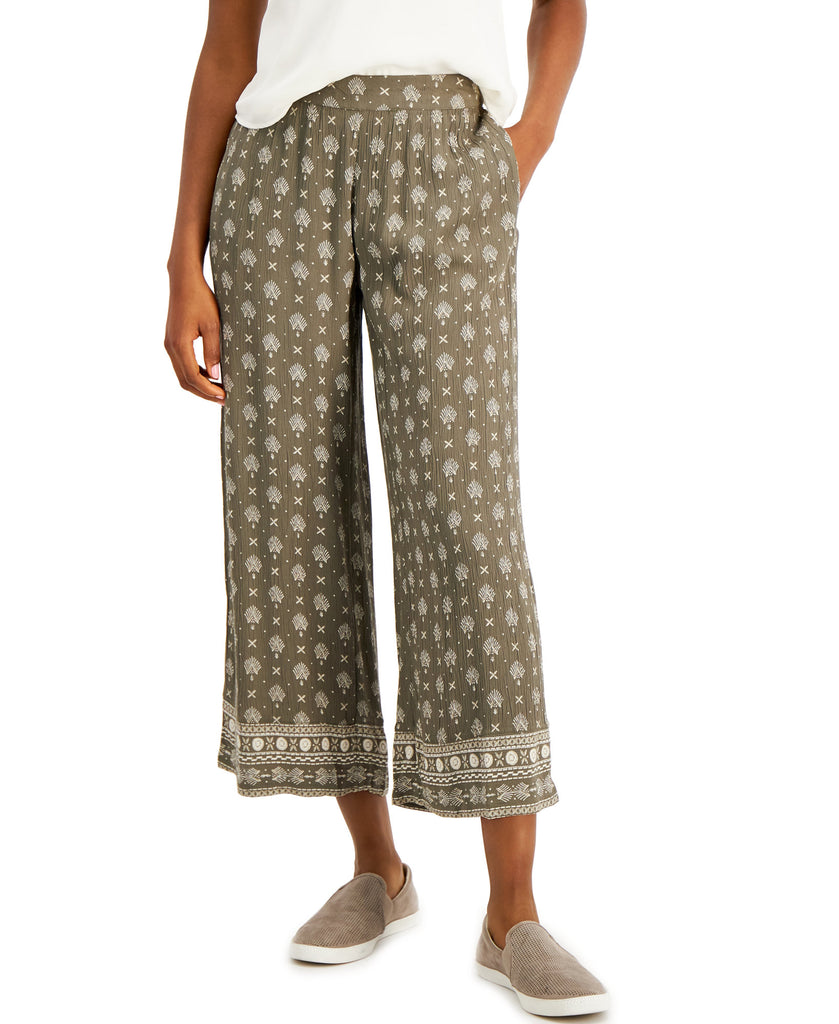 Style & Co Women Printed Border Wide Leg Pants Olive Drab Combo