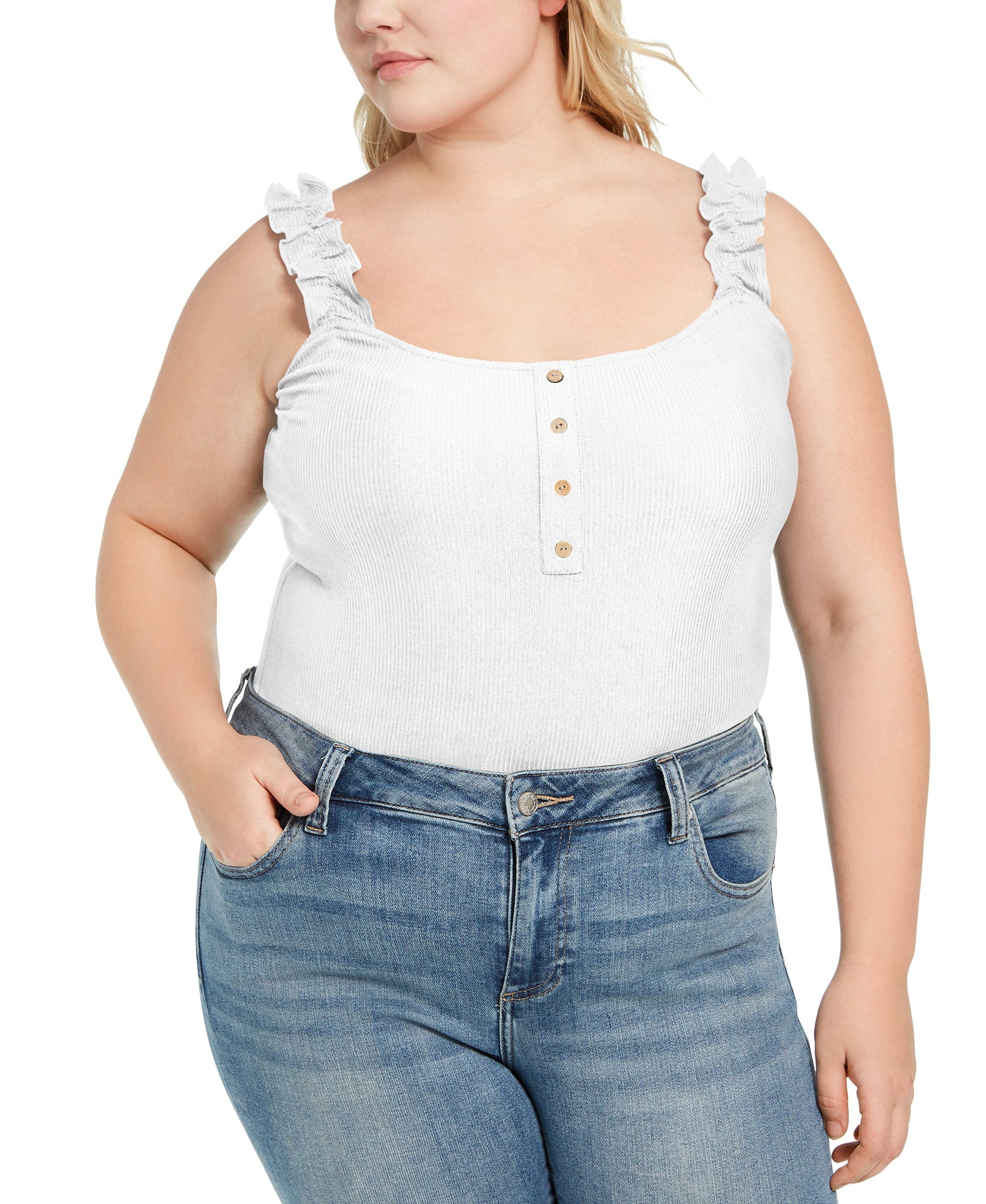 FULL CIRCLE TRENDS Women Plus Trendy Ruffled Strap Bodysuit Bright White 