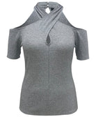 INC International Concepts Women Shine Rib Cold Shoulder Top Silver