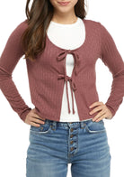 Belle Du Jour Women Long Sleeve Pointelle Tie Front Cardigan Rose Brown