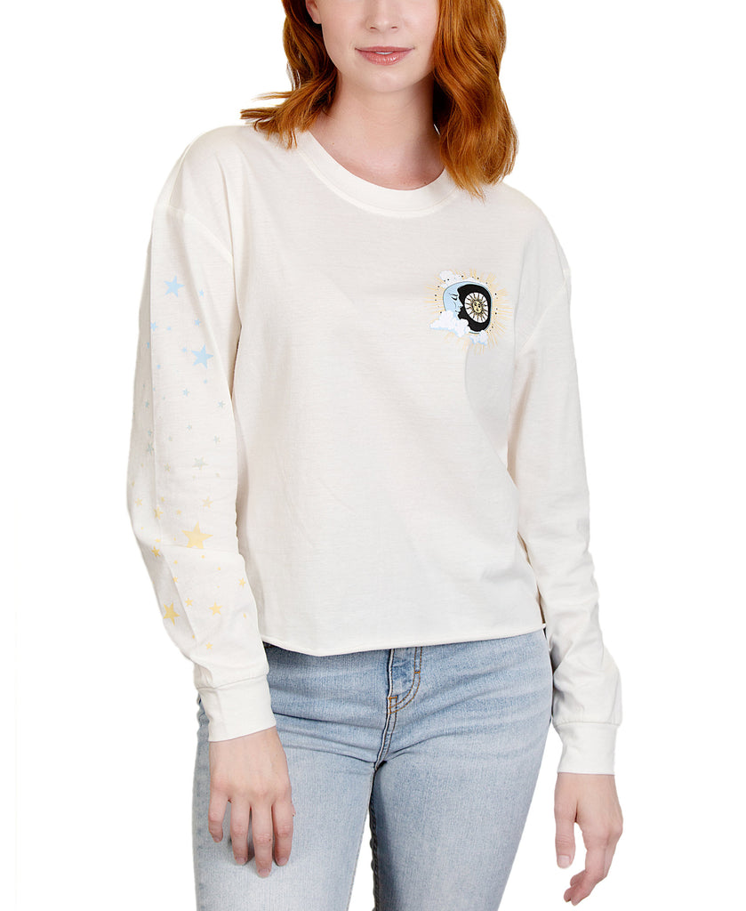 Rebellious One Women Sun Moon Stars Sleeve Detail Graphic T Shirt Cream