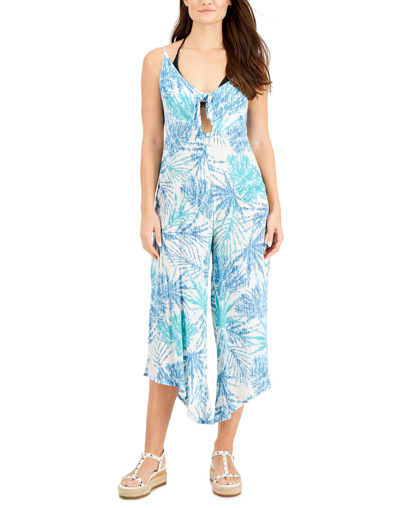 J Valdi Women Printed Tie Front Cover Up Jumpsuit Blue White