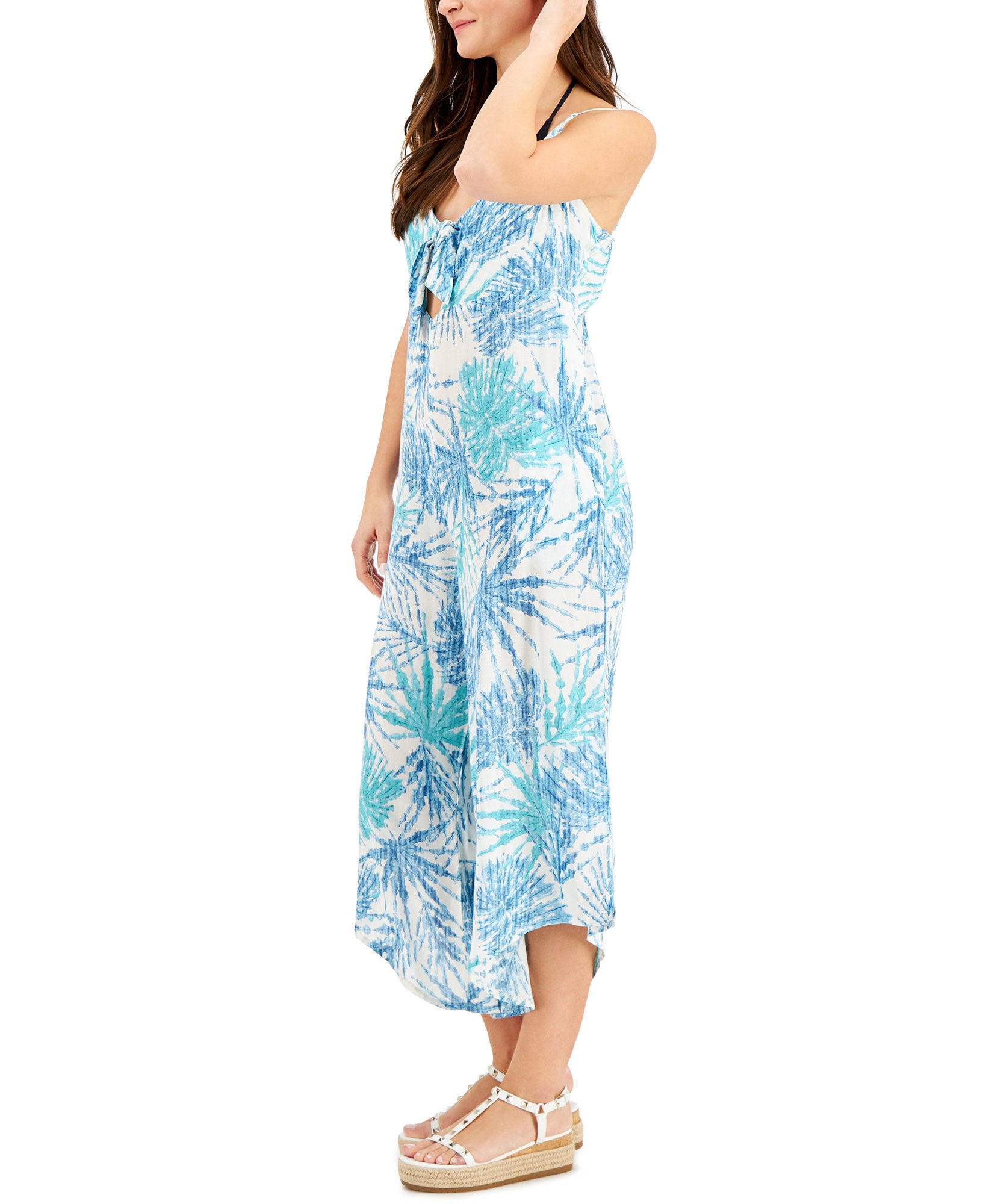 J Valdi Women Printed Tie Front Cover Up Jumpsuit