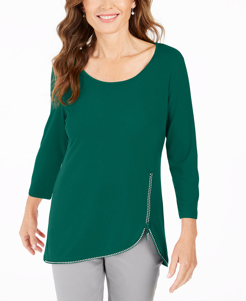 JM Collection Women Rhinestone Zipper Trim Top Highland Green