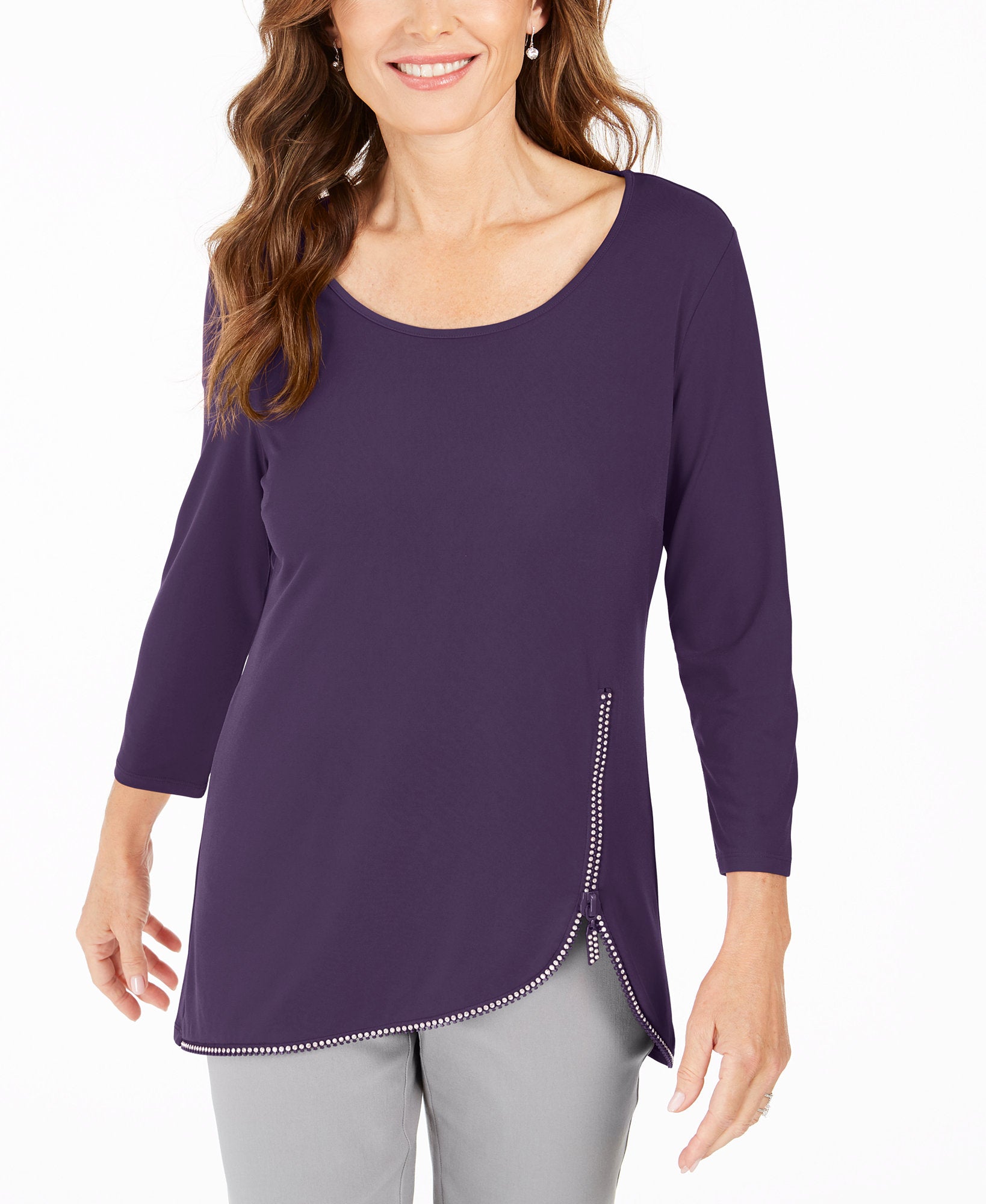 JM Collection Women Rhinestone Zipper Trim Top Purple Amethyst