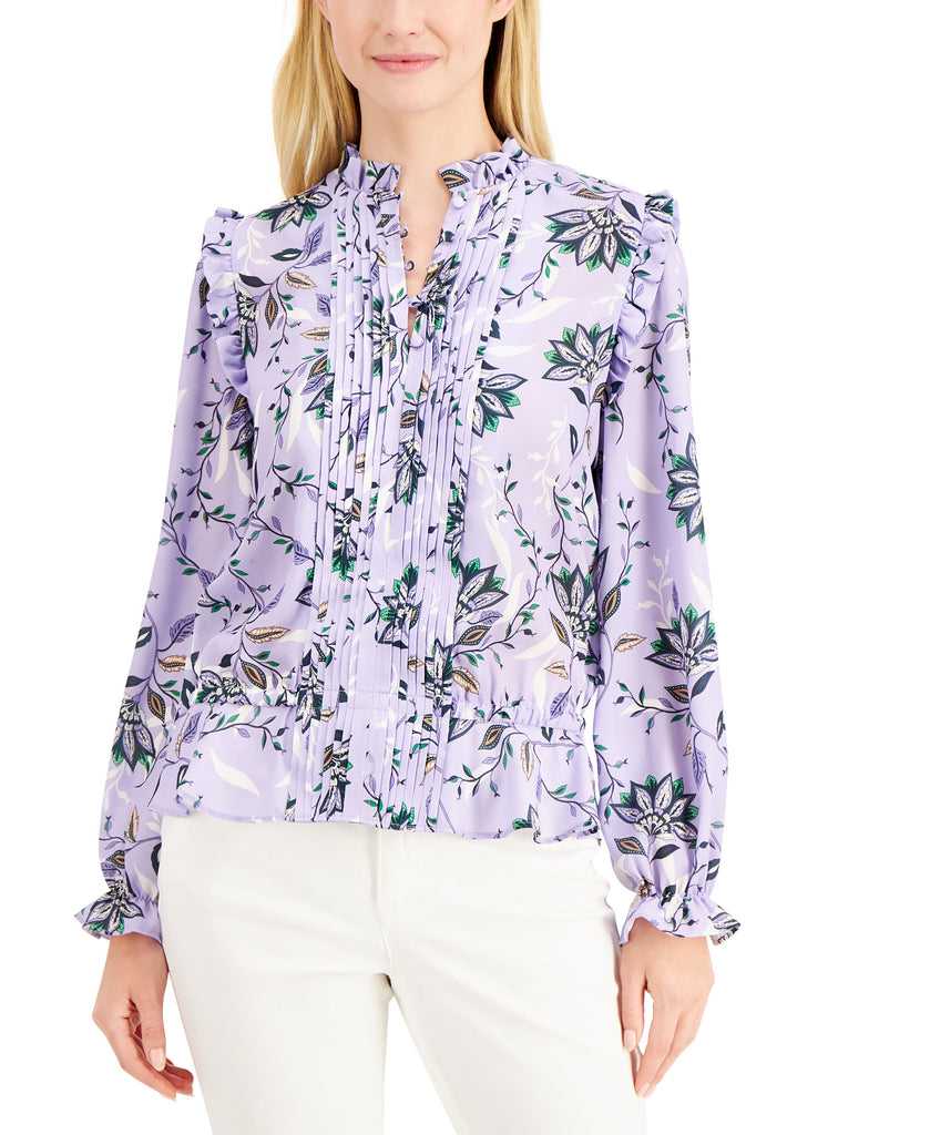 Charter Club Women Floral Print Pintuck Blouse Purple Swirl Combo