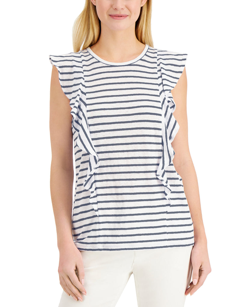 Charter Club Women Linen Striped Ruffled Top Intrepid Blue Combo