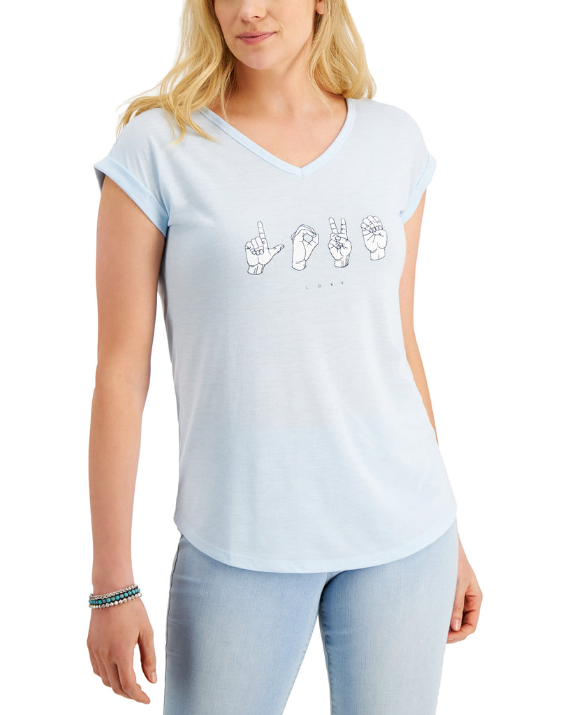 Style & Co Women Love Signs Graphic T Shirt Love Sign Blue