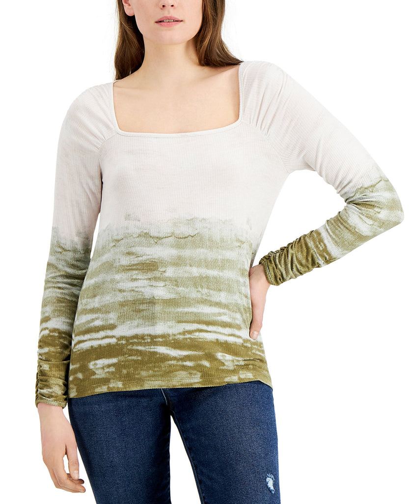 Fever Women Tie Dyed Square Neck Ribbed Knit Top Vetiver Surfs Up