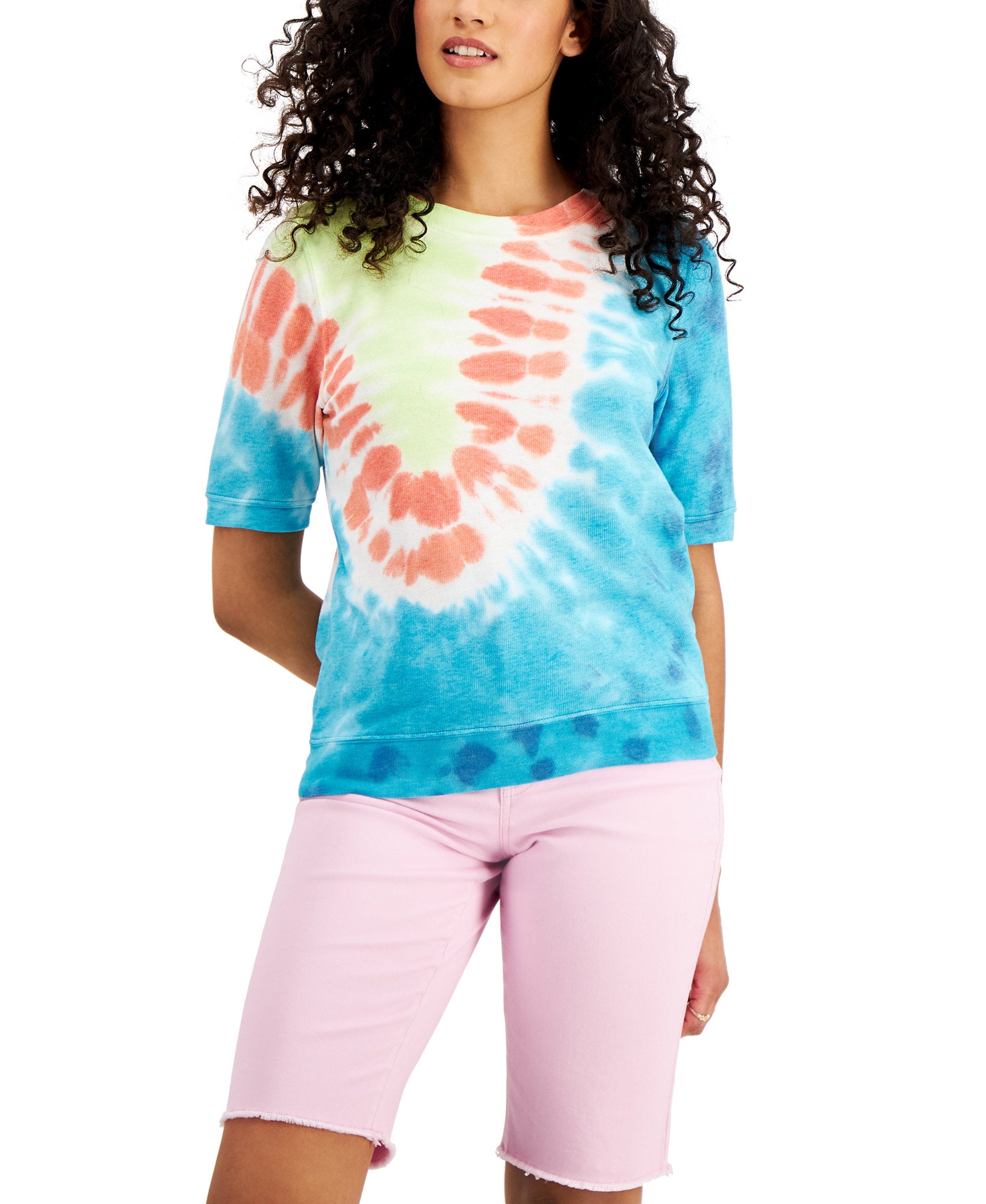 Style & Co Women Tie Dyed Lightweight Short Sleeve Sweatshirt Spring Tie Dye
