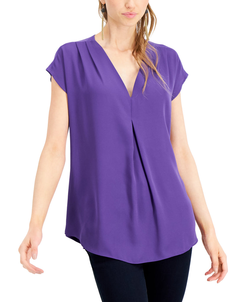 INC International Concepts Women Inverted Pleat V Neck Top Purple Lily