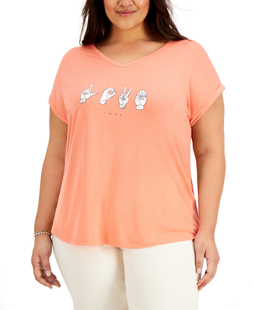Style & Co Women Plus Graphic Print T Shirt Love Sign Orange