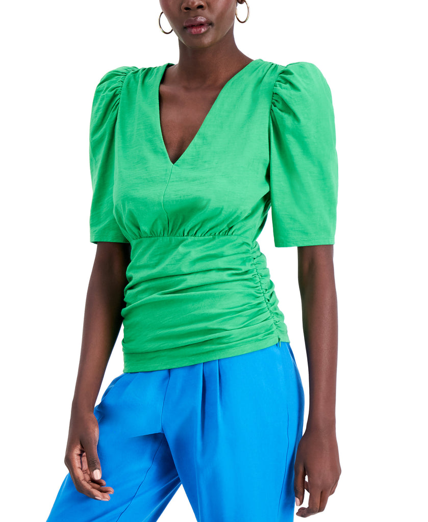 INC International Concepts Women Ruched V Neck Top Green Emerald