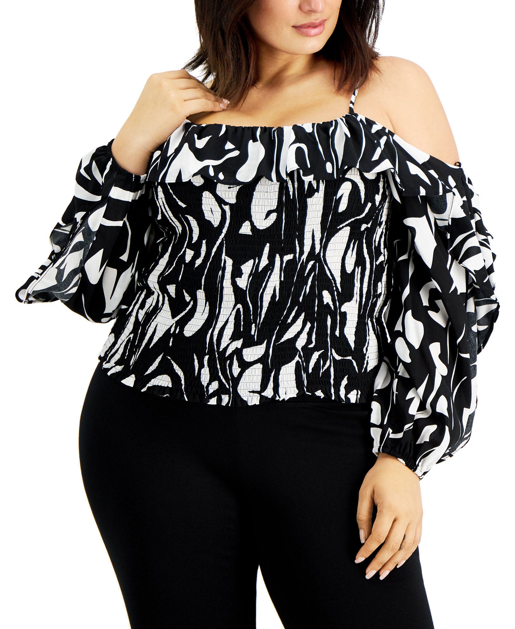 INC International Concepts Women Plus Printed Cold Shoulder Top Petite Gallery