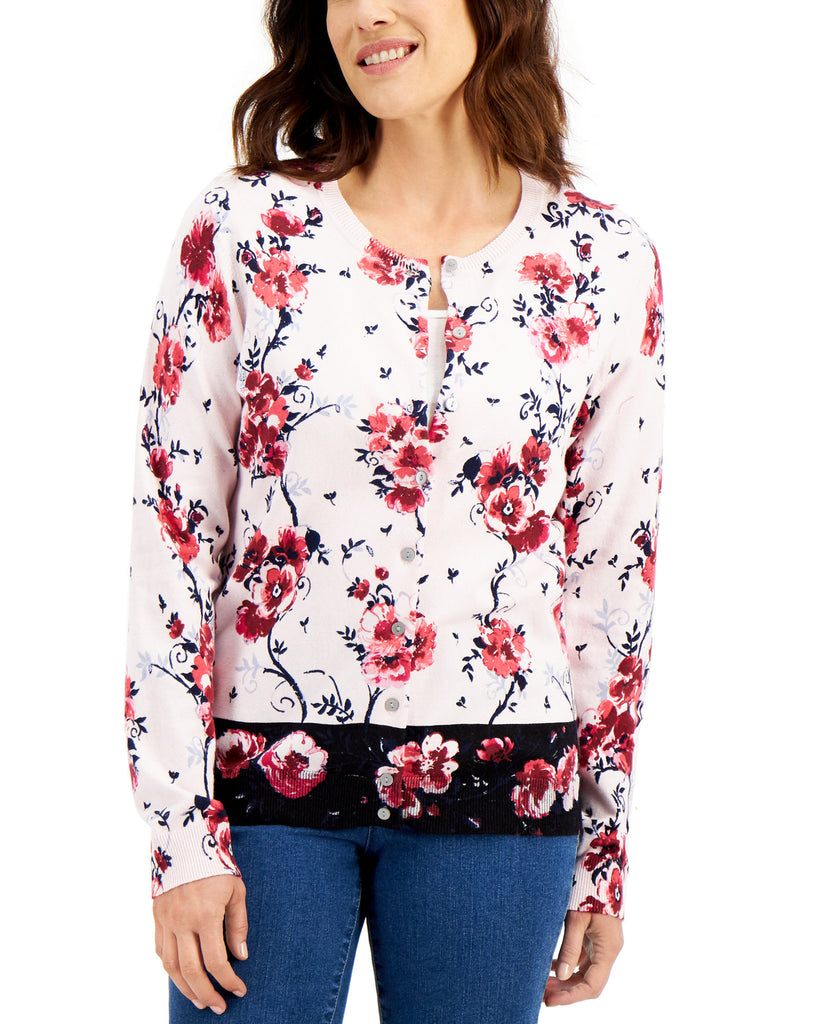 Karen Scott Women Border Floral Print Cardigan Blush Combo