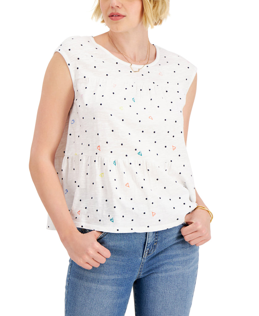 Style & Co Women Cotton Dot Print Tiered Tank Top Dot Scatter White