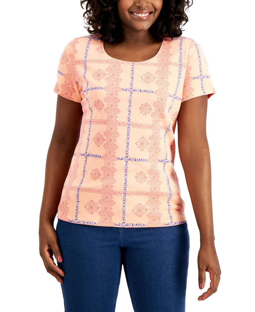 Karen Scott Women Lace Plaid Top Peach Cream