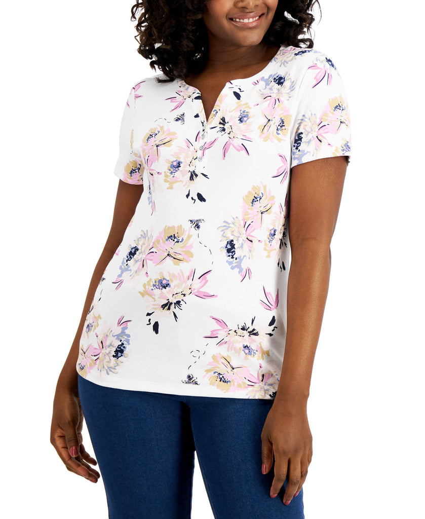 Karen-Scott-Women-Floral-Print-Henley-Top-Bright-White