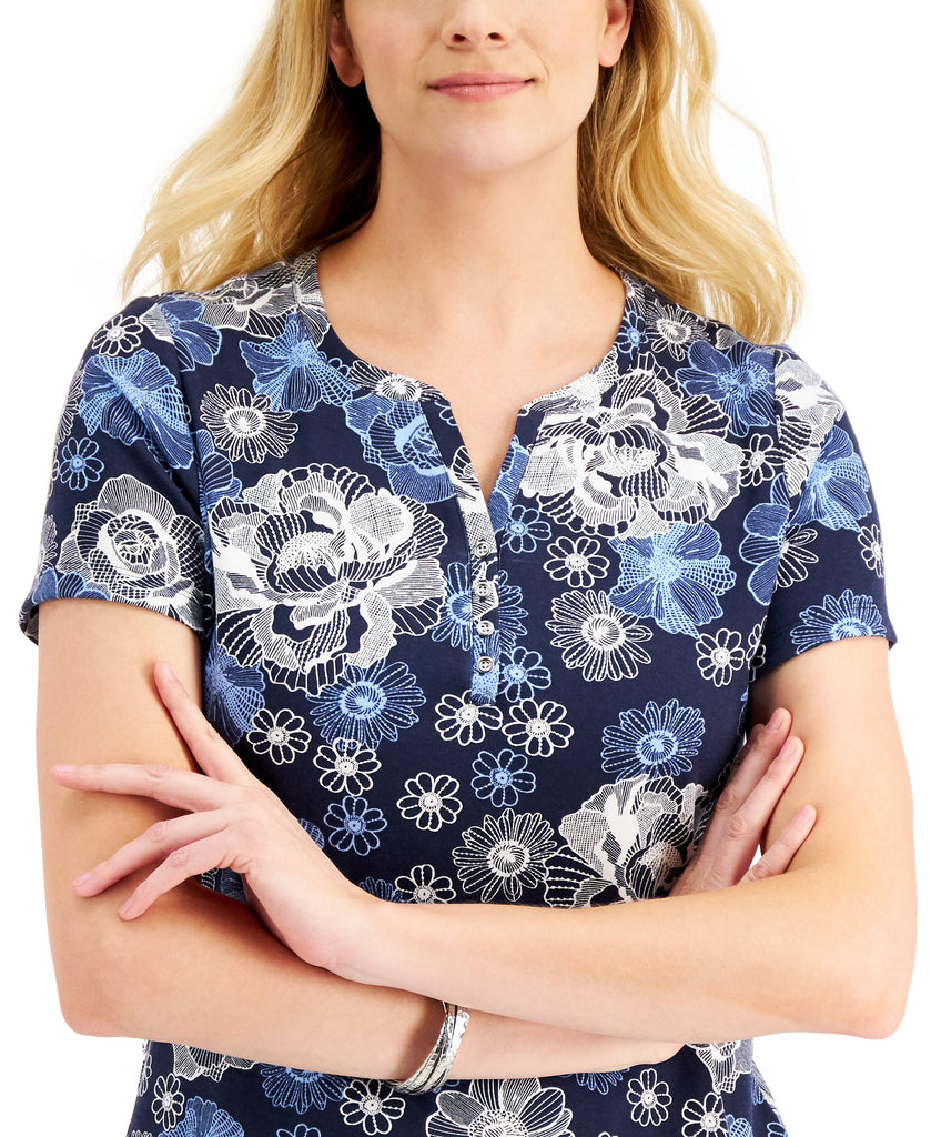 Karen Scott Women Floral Split Neck Top