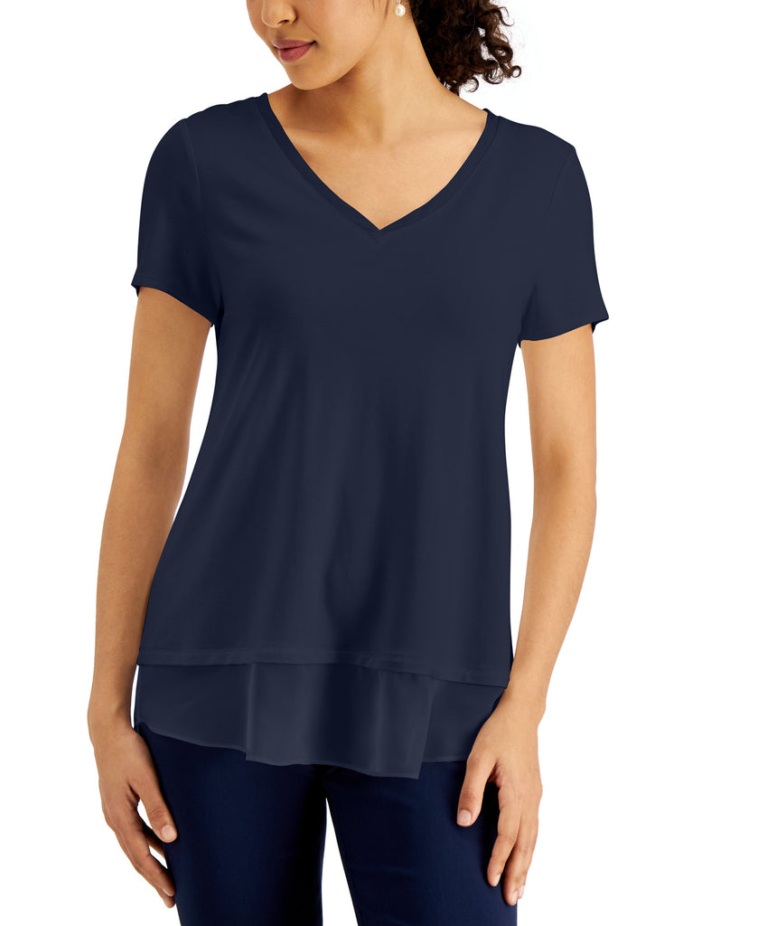 JM Collection Women Petite Chiffon Trim Top Intrepid Blue